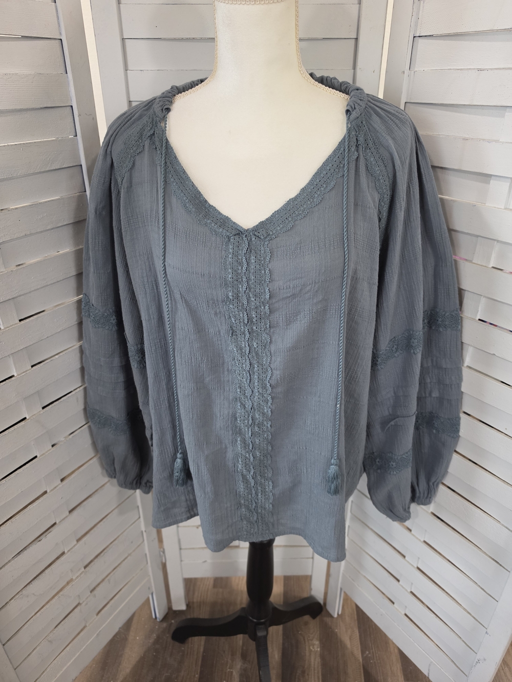 Wonderly Slate Blue Peasant Blouse with Tassel Tie Size 3X